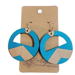 Boho Chevron Blue Circle Wood Drop Earrings